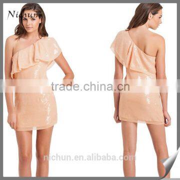 shinny one shoulder mini sexy ladies one piece dress