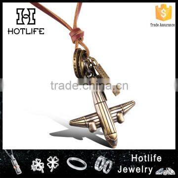 2016 Wholesale Fashion Jewelry Bronze Alloy Airplane Pendant With Leather Chain for Souvenir