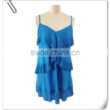 Lady's plolyester geogette blue color dress with pleated ruffle