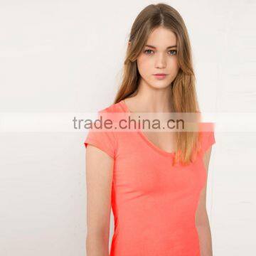 Women's Solid Plain V-neck Tops Short-Sleeve T-Shirt OEM Type Clothing Factory From Guangzhou