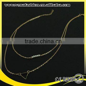 Double Layers Thin Simple Gold Long Chain Pearl Necklace photo-2
