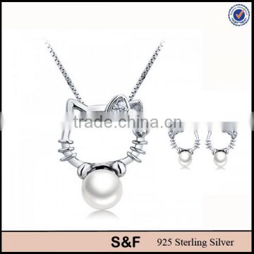 Lovely Cat Shaped Pearl 925 Sterling Silver Jewelry Sets