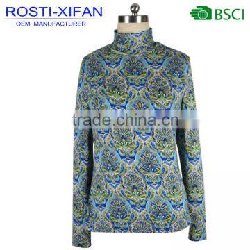 Fashion design Lady Flowers Printed Turtleneck Top Blouse Elastic Fabric