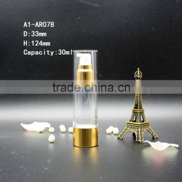 AS material airless bottle 30ml with golden metal color