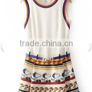 White Snoopy Print Pleated Belt Sleeveless Chiffon Dress