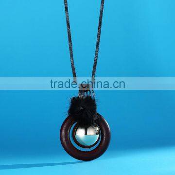 Silver Ball Wood Hoop Pompon Pendant Necklace Korea Retro Long Sweater Necklace Autumn Geometric Necklace photo-6