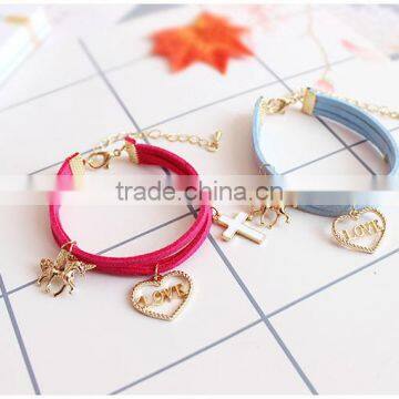 Gold Love Heart Cross Horse Feather Charms Sude Leather Bracelet Multi Layer Velvet Leather Bracelet