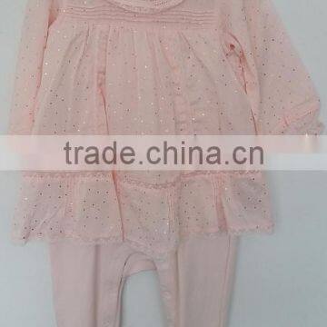 cute baby pink dress and knit pant 2pcs suits for summer