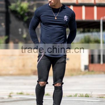 Navy Blue Mens Long Sleeve Muscle Fit T-Shirt Long Drop Curved Hem T Shirt Elongated Muscle Gym T Shirt Longline Gym Shirt