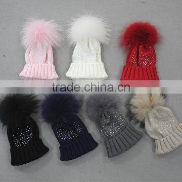 Myfur Elegant White Raccoon Fur Pom Poms Attached Wool Knitting Beanie Hat Wholesale