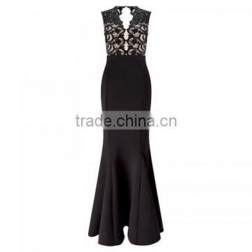 2017women Clothing Manufacturers Guangzhou Evening Dress Supplier Hollow Lace Patchwork Black Dress Evening photo-2