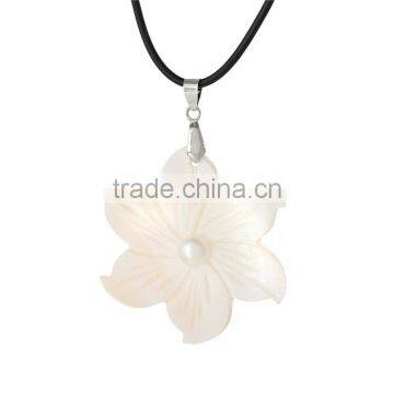 Jewelry Necklaces Shell Natural Flower Pendants Black Leather lobster Clasp 46cm long