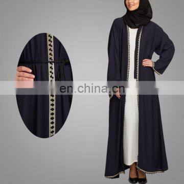 Modest Muslim Women Crepe Cardigan Navy Kimono With Lace Overcoat Open Front Islamic Abaya photo-5