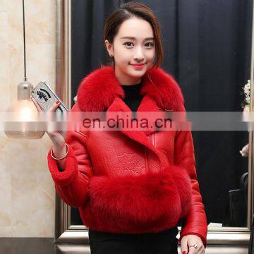 Korean Style High Quality Clothing Winter Women Leather Jacket with Fox Fur Collar