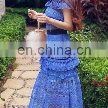 Light blue short sleeve long hollow young lady off work release dress