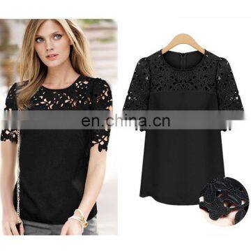 2017 summer plus size short sleeve lace shirts women black leather shirts