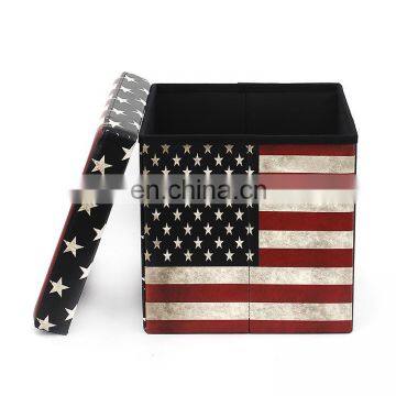 Customized Printing PVC leather multipurpose folding storage cube ottoman America USA flag