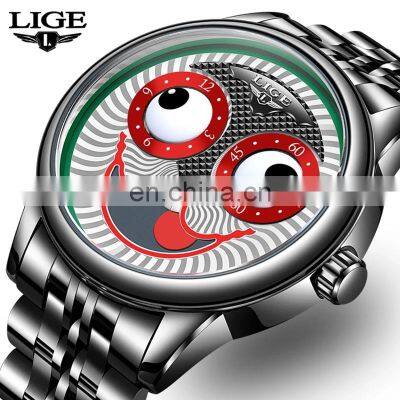 Lige 8915 Luxury Mens Quartz Wristwatches Smile 50M Waterproof Quality Steel Branded Watch for Men