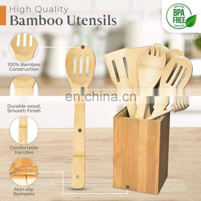 Organic Bamboo Wooden Kitchen Cooking Tools Spoons Spatulas Utensils Set With Holder photo-4