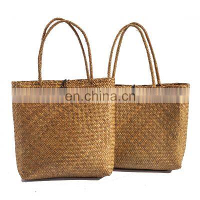 Wholesale Handmade Natural Weaving Beach Shopping Palm Leaf Seagrass Handle Bag