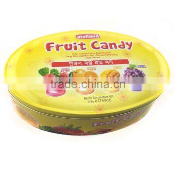 Dongguan hot sale irregular metal tin candy box,oval fruit candy tin box