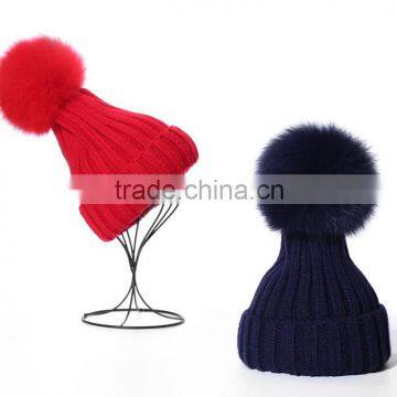 Wholesale Fashion Ladies Printed Real Fur Detachable Pom Pom Beanie Cap