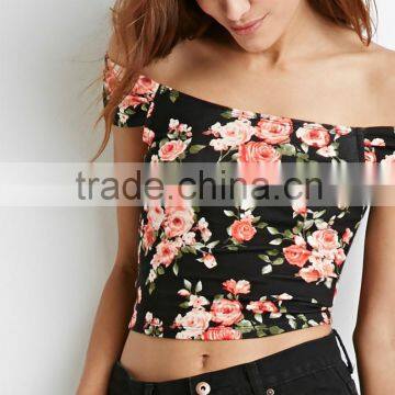 Flowers off-shoulder short sleeve slim fit T-shirt