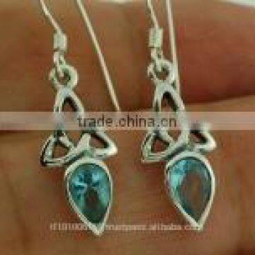 Celtic Trinity Silver Earrings, set w Blue Topaz CZ, e256