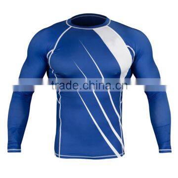 Custom Logo And Design Print Digital Sublimation BJJ MMA Rash Guards Supplier, Blue And White Long Sleeves Rash Guard 03 Color