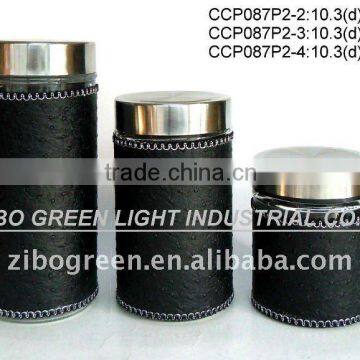 3pcs glass jar set with leather coating (CCP087P2)