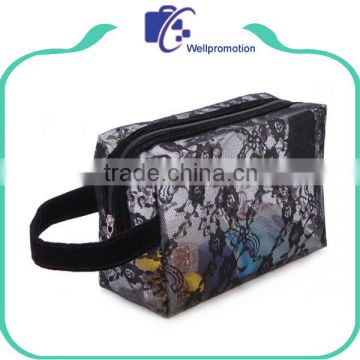 Portable tote clear pvc and lace material women makeup cosmetic bag