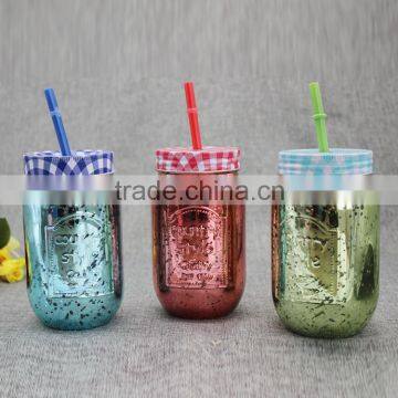 Electroplate drinking glass jar with lid and straw