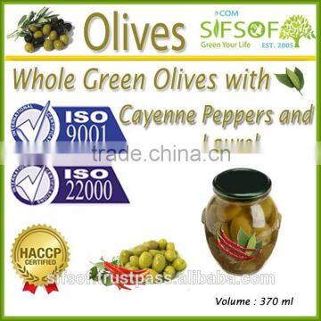 Green Olives with Cayenne Peppers & Laurel, Tunisian Table Olives,Table Green Olives 370 ml Glass Jar