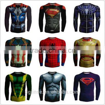 The marvel superhero superman tights spiderman fitness rounded hem compression drying sports long sleeve t shirt for men