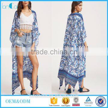 Blue flower print tassel trim long loose kimono cardigan