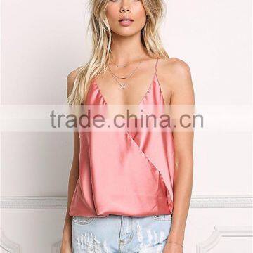 MGOO Foshan Factory Made Pink Satin Cami Sleeveless Strap Girls V Neck Summer Tops Women Blouses photo-2