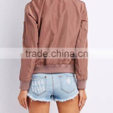 2017 MGOO Custom Logo Zip-Up Bomber Jacket Zippered Sleeve Lightweight Pink Poly Shell Twill Forms photo-2