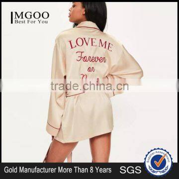 Nude PiPed Bridesmaid Satin Robe Embroidered Custom Logo Tie Waist Pyjamas Set Longline Shirt Dress Button