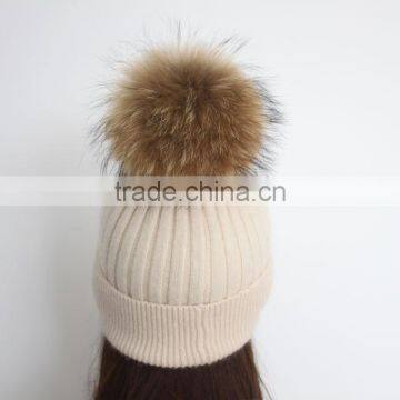 Myfur Wholesale Classic Beige Angola Rabbit Custom Knitted Pom Beanie Hat With Fur Pom