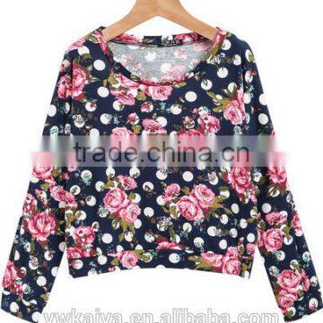 Royal Blue Long Sleeve Floral Dot Crop Blouse