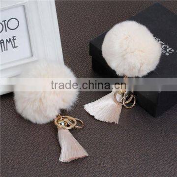 Gold Plated Off-white Angora Pom Pom Ball Rayon Tassel Keychain & Keyring photo-3