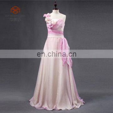 Best Selling Casual One Shoulder Strap Neck Chiffon Handmade Flower Ruching Beach Evening Dress