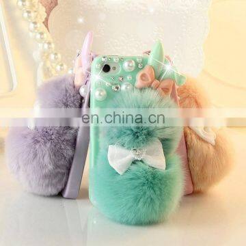 China Wholesale Winter Soft Warm Faux Rabbit Fur Crystal Cute Bowknot Protective phone case for girls