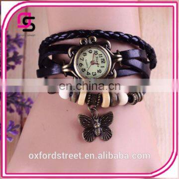 Ms Retro Hand-woven Imitation Leather Bracelet Watch Fashion and Colorful Butterfly Pendant Quartz Watch photo-2