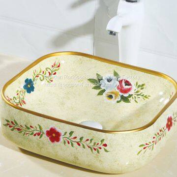 Made in china Modern new design hand draw flower bathroom ceramic color basin