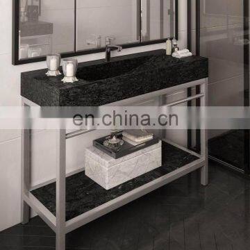 marble top vanity with metal shelf and support leg