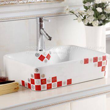 Simple red color modern design tabletop ceramic sanitary ware square wash hand basin with one hole for bathroom used