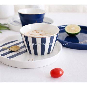 Nordic Blue White Stripes Ceramic Tableware Set Western Food Plate Bowls Breakfast Dish Salad Bowl Rice Bowl Dishes