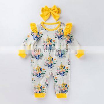 Baby rompers set with headband 100% cotton baby long sleeve jumpsuit