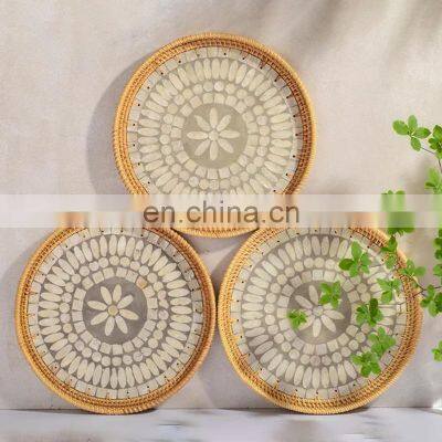 Hot sale rattan serving tray with mother of pearl wholesale